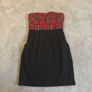 Red plaid and Black Strapless Dress Size Small